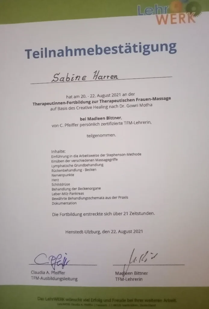 Therapeutinnen-Fortbildung zur Therapeutischen Frauen-Massage