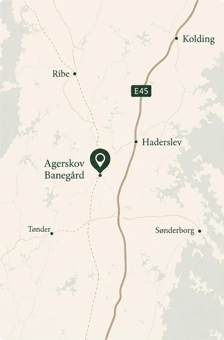 Regionalt kort med Agerskov Banegård markeret